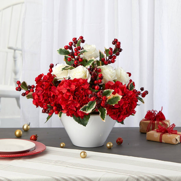 17” Rose, Hydrangea and Holly Berry Artificial Arrangement in White Vase