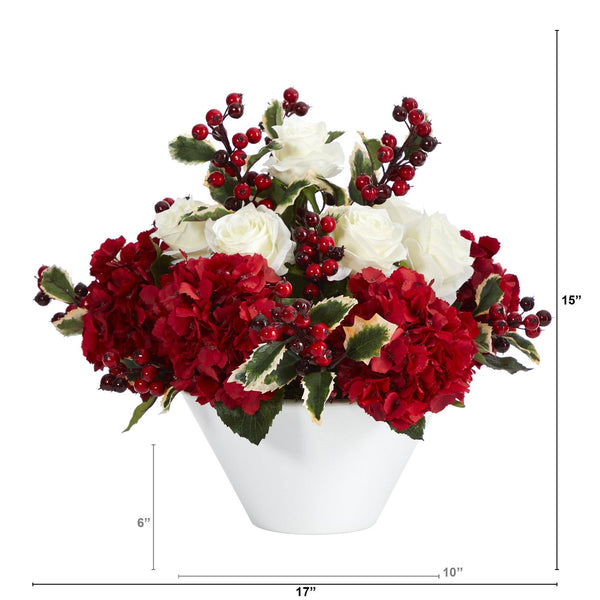 17” Rose, Hydrangea and Holly Berry Artificial Arrangement in White Vase