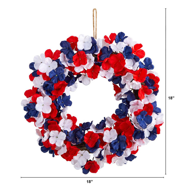 18” Americana Patriotic Hydrangea Artificial Wreath Red White and Blue
