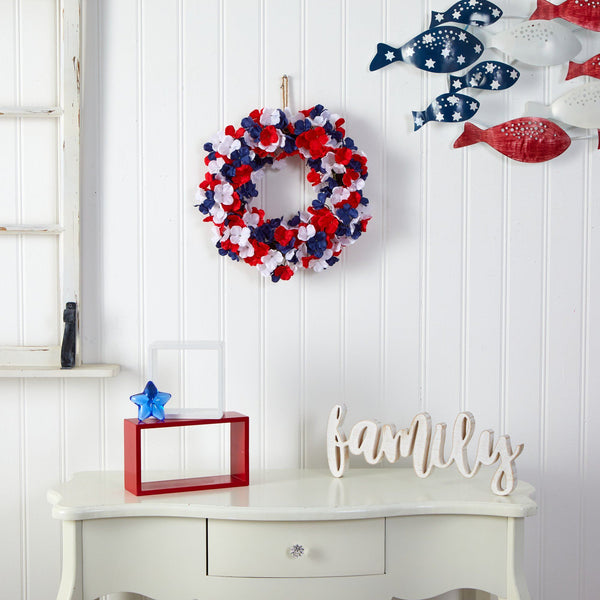18” Americana Patriotic Hydrangea Artificial Wreath Red White and Blue