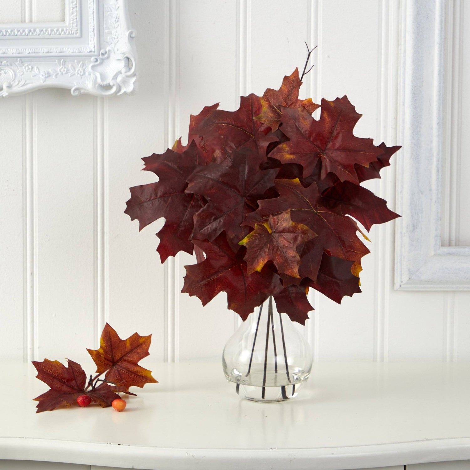 18” Autumn Maple Leaf Artificial Plant in Glass Planter