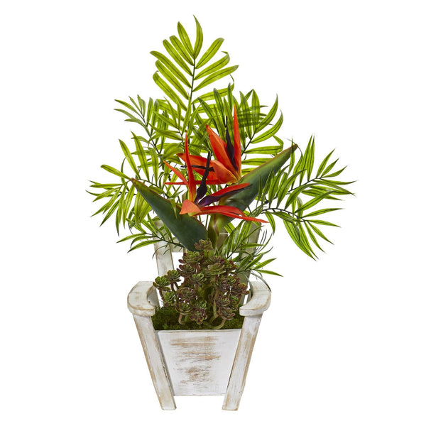 18” Bird of Paradise and Areca Palm Artificial Arrangement in Chair Planter