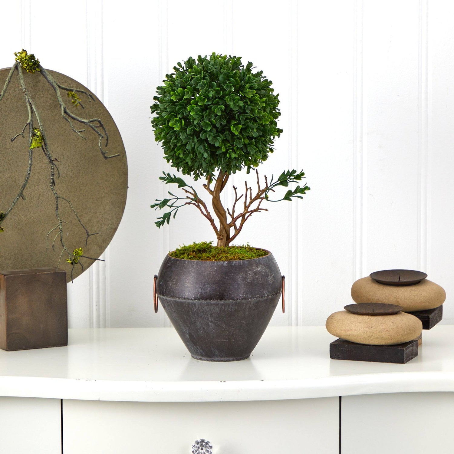 18” Boxwood Topiary Artificial Tree in Metal Bowl (Indoor/Outdoor)