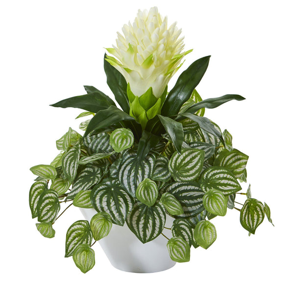 18” Bromeliad & Peperomia Artificial Plant in White Bowl
