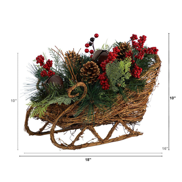 18” Christmas Sleigh with Pine, Pinecones and Berries Artificial Christmas Arrangement