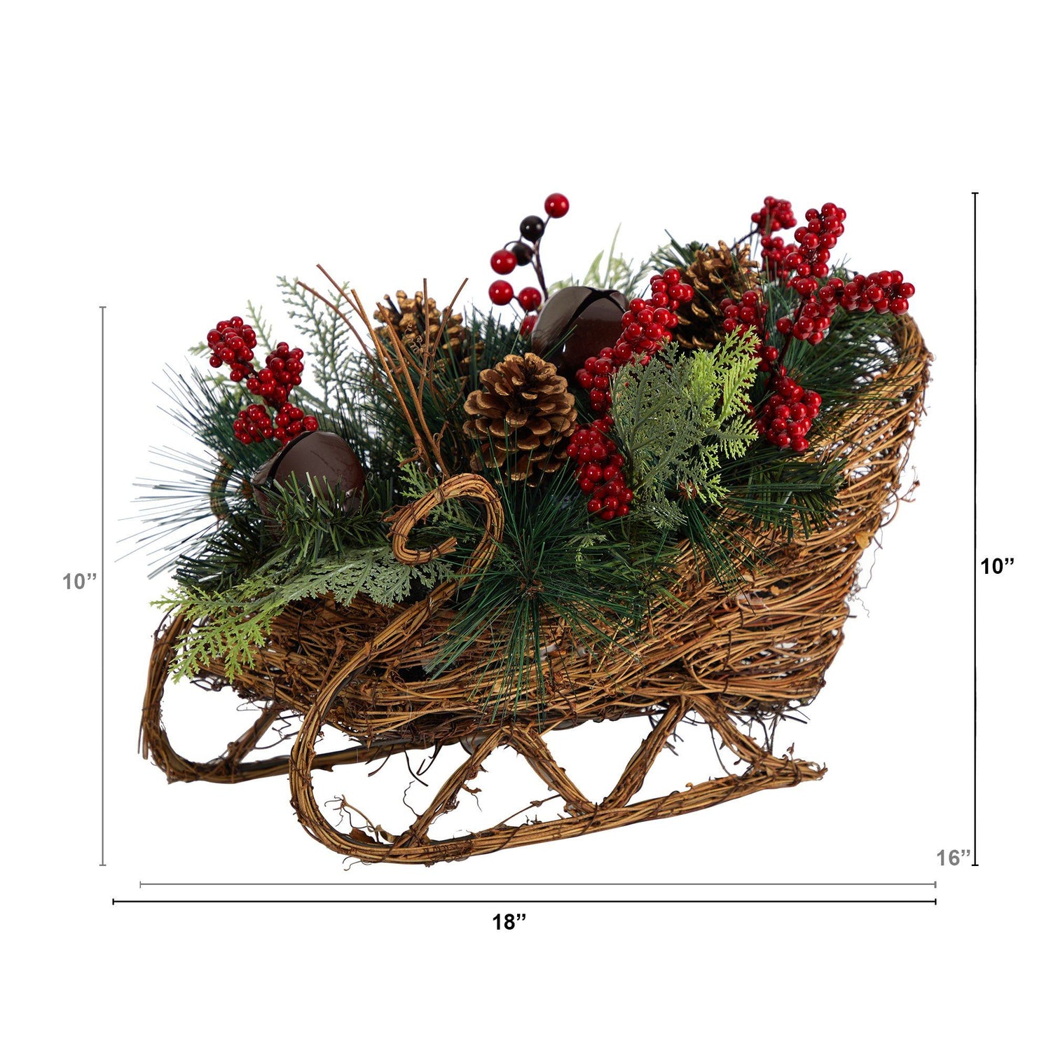 18” Christmas Sleigh with Pine, Pinecones and Berries Artificial Christmas Arrangement