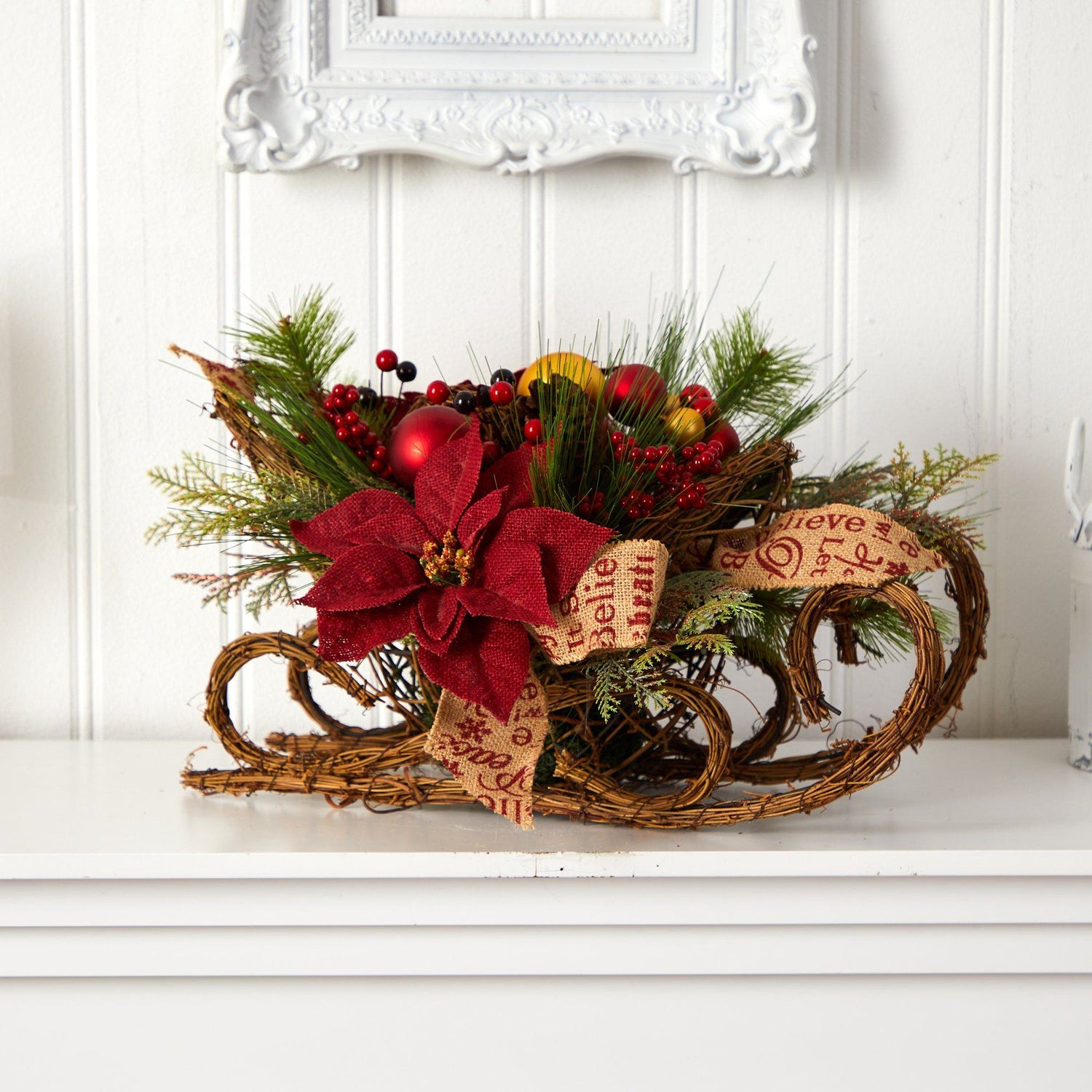 18” Christmas Sleigh with Poinsettia, Berries and Pinecone Artificial Arrangement with Ornaments