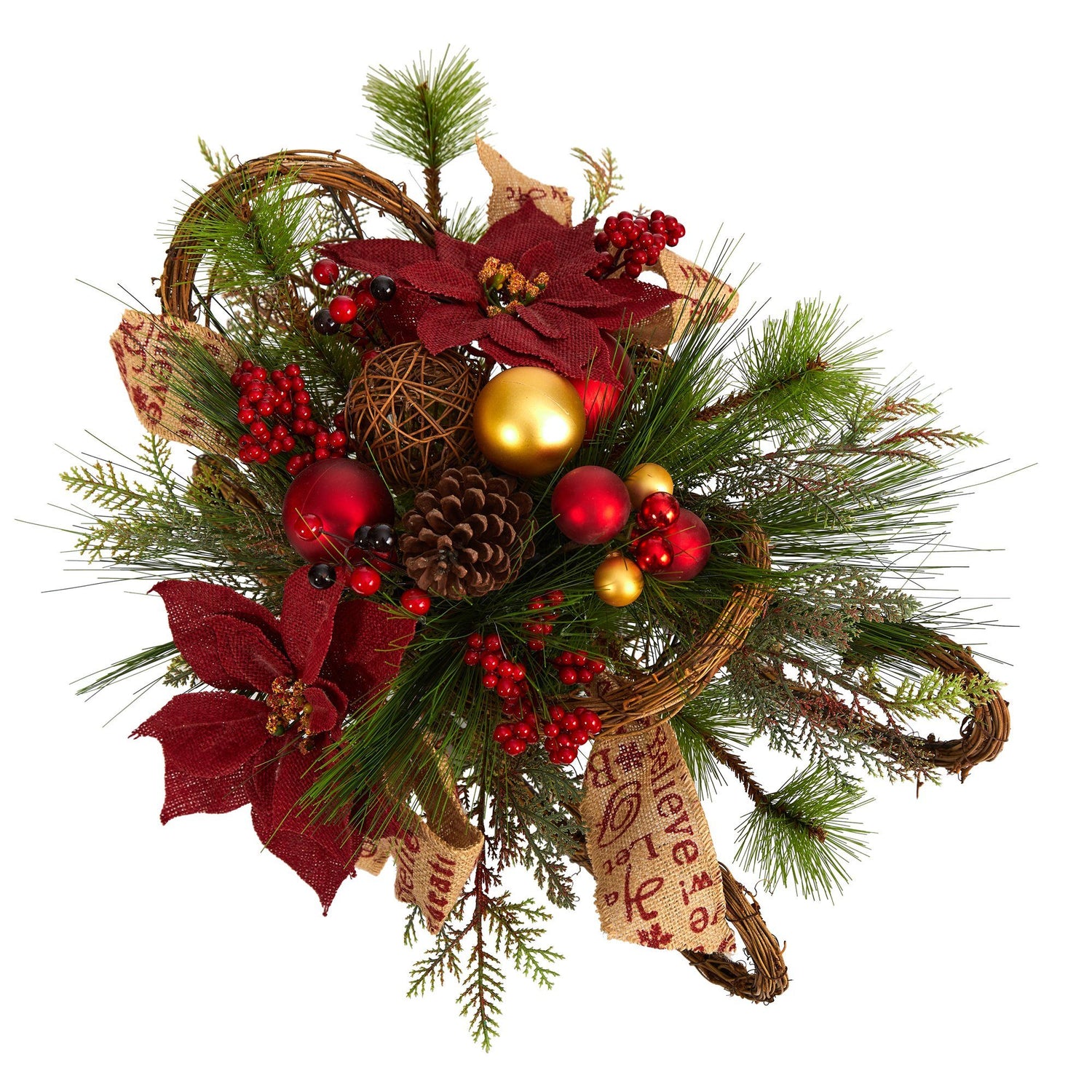 18” Christmas Sleigh with Poinsettia, Berries and Pinecone Artificial Arrangement with Ornaments