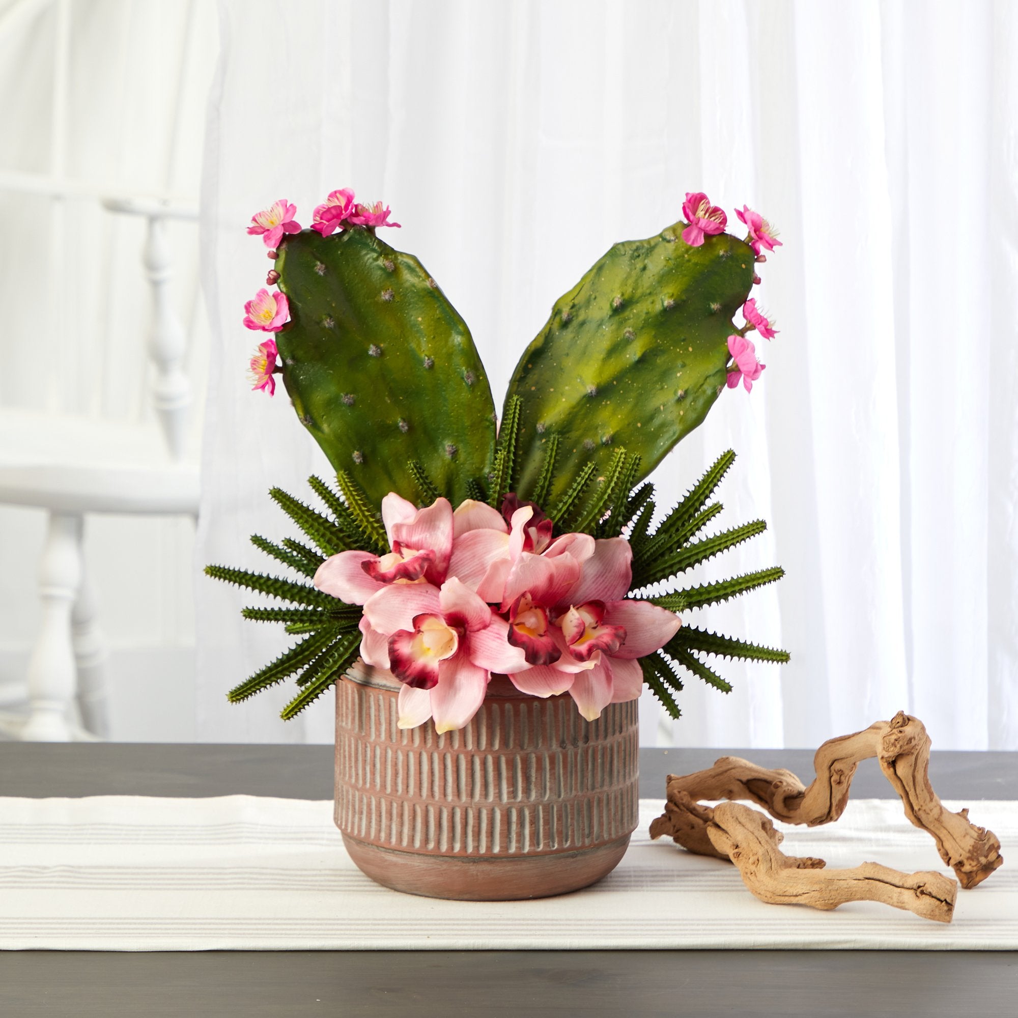 18” Cymbidium Orchid and Cactus Artificial Arrangement in