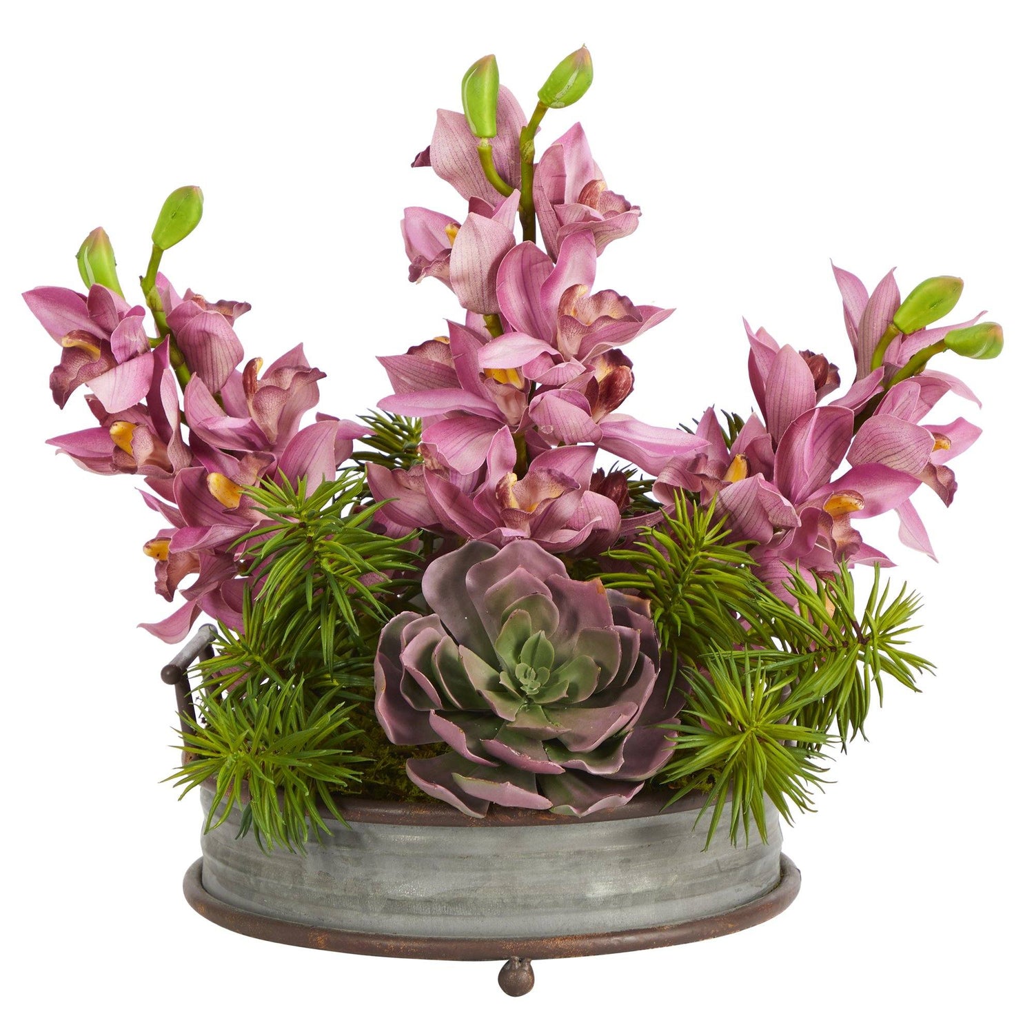 18” Cymbidium Orchid and Echeveria Succulent Artificial Arrangement in Metal Tray with Copper Trimming