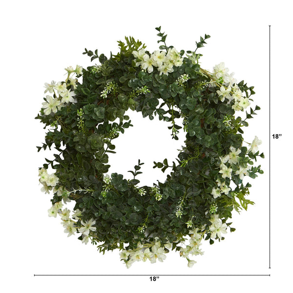18” Eucalyptus and Dancing Daisy Double Ring Artificial Wreath with Twig Base