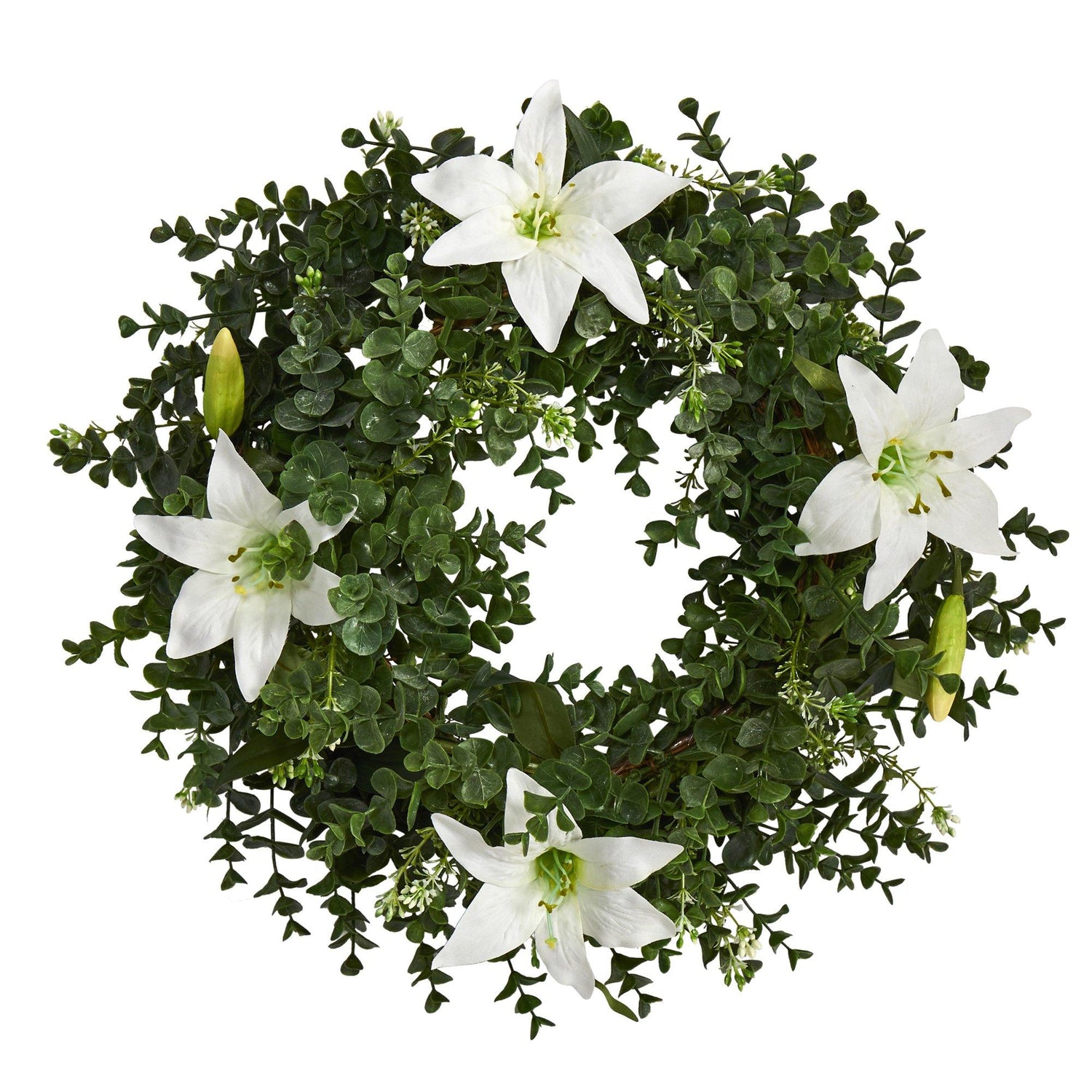 18” Eucalyptus and Lily Double Ring Artificial Wreath with Twig Base