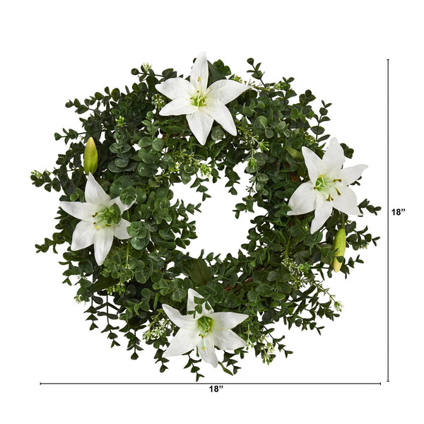 18” Eucalyptus and Lily Double Ring Artificial Wreath with Twig Base
