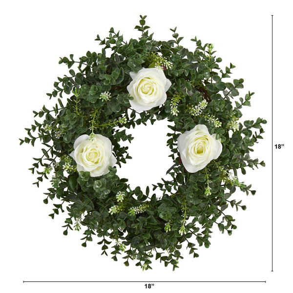 18” Eucalyptus and Rose Double Ring Artificial Wreath with Twig Base