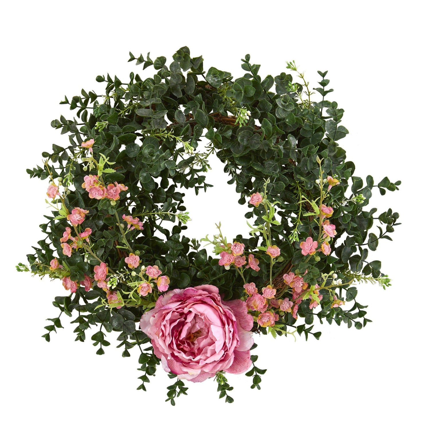 18” Eucalyptus, Cherry Blossom and Peony Double Ring Artificial Wreath With Twig Base