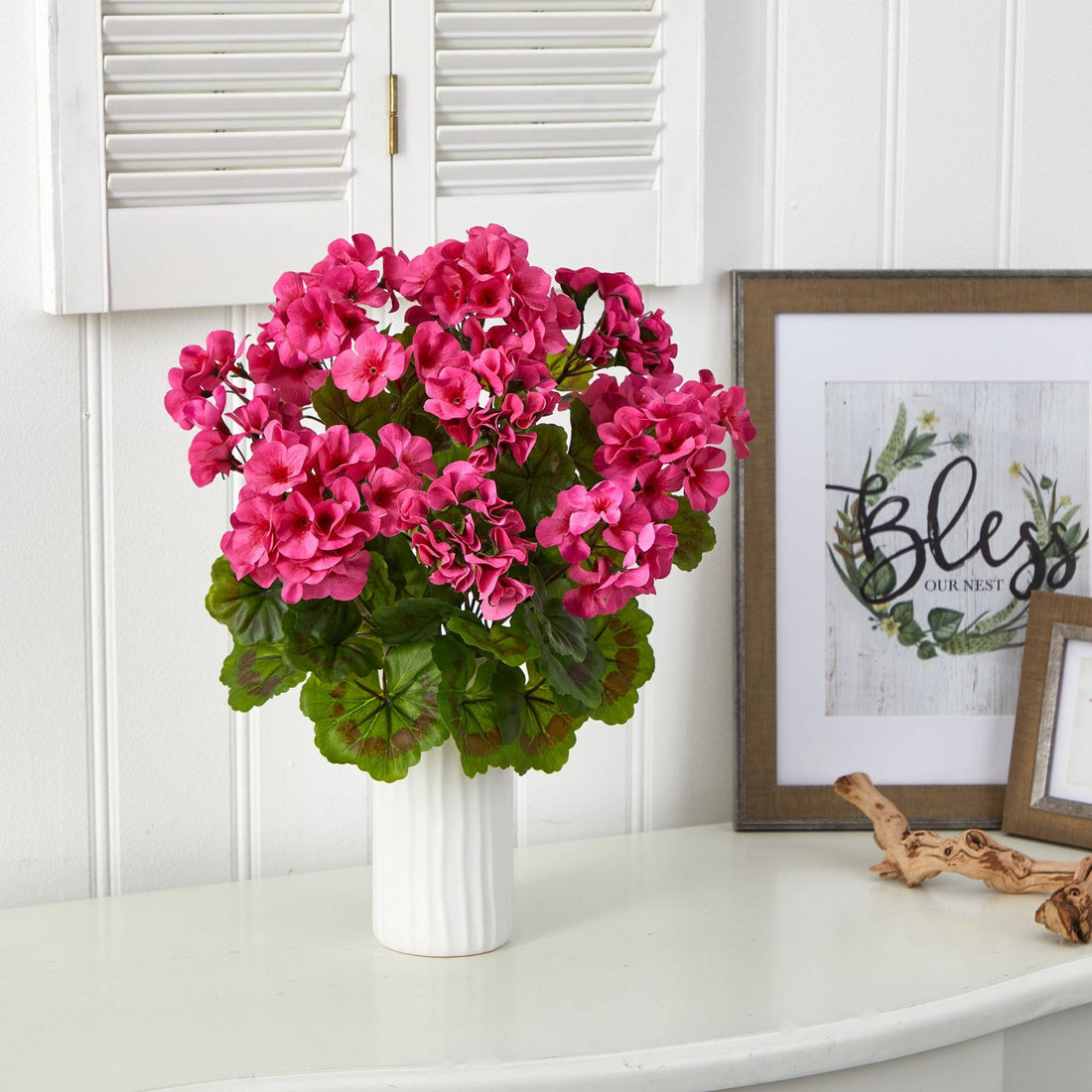 indoor geranium plant 18” Geranium Artificial Plant in White Planter UV Resistant (Indoor/Outdoor)
