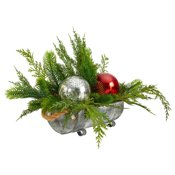 18" Holiday Winter Cedar Pine Artificial Table Christmas Arrangement with Ornaments, Home Décor"