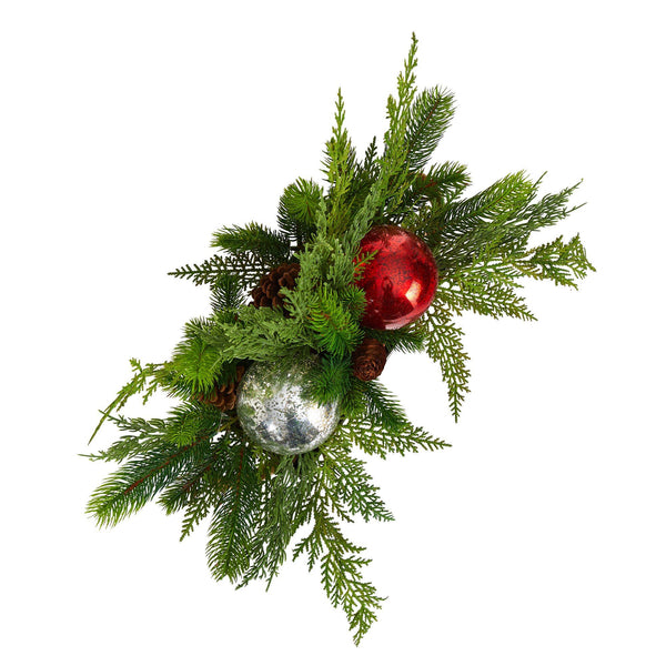 18" Holiday Winter Cedar Pine Artificial Table Christmas Arrangement with Ornaments, Home Décor"