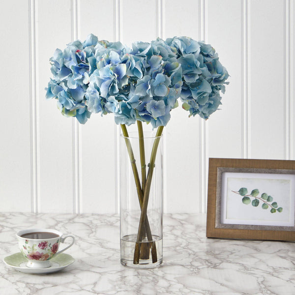 18” Blue Hydrangea Faux Flower Arrangement in Cylinder Glass Vase