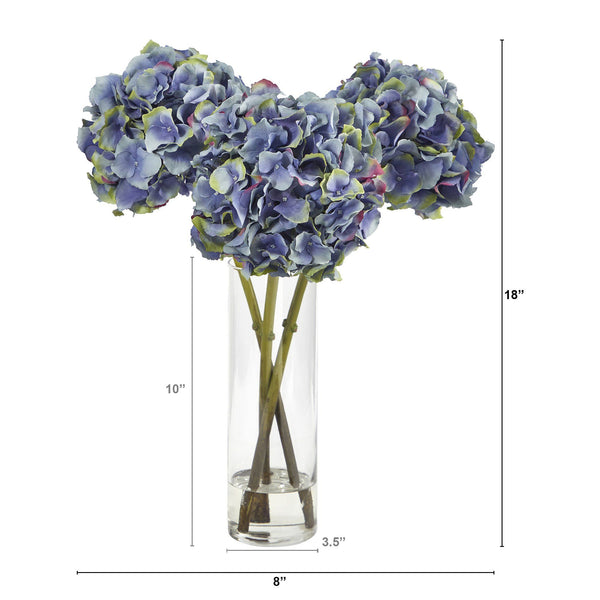 18” Blue Hydrangea Faux Flower Arrangement in Cylinder Glass Vase