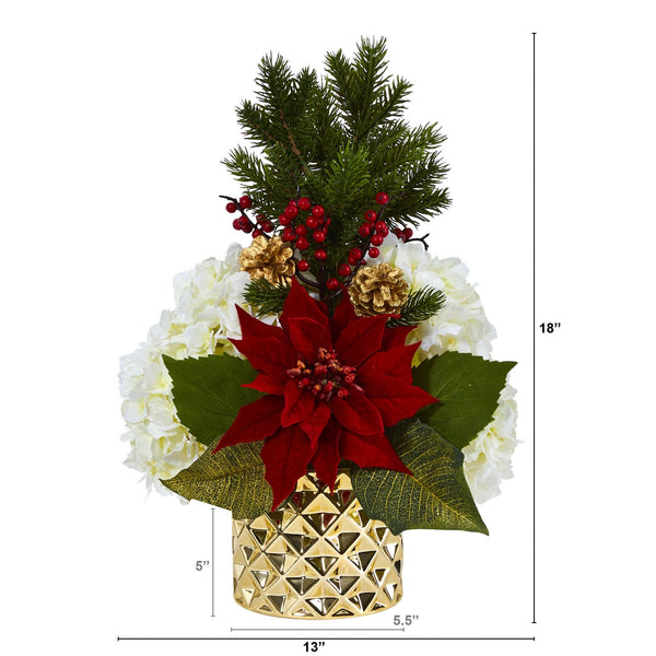 18” Hydrangea, Poinsettia, Berry and Pine Artificial Arrangement in Gold Vase