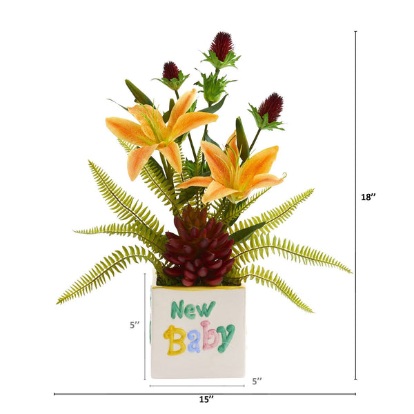 18” Lily, Thistle and Succulent Artificial Arrangement in Vase