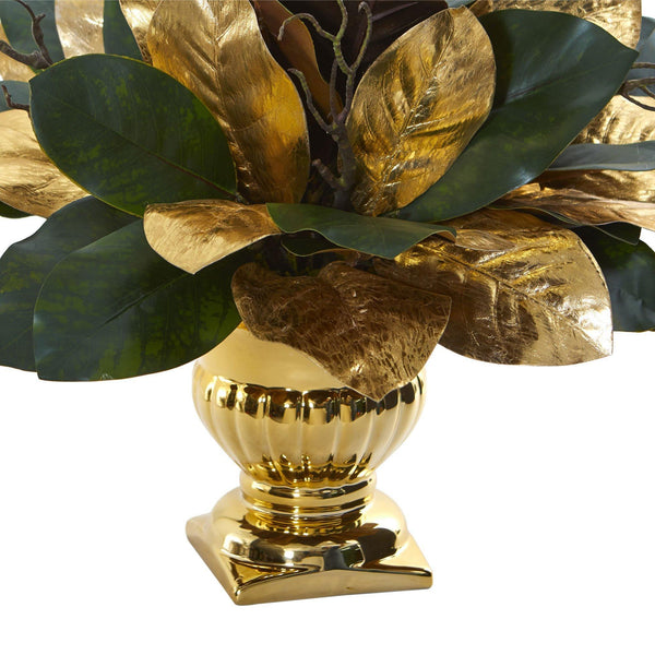 18” Magnolia Leaf Artificial Arrangement in Gold Planter