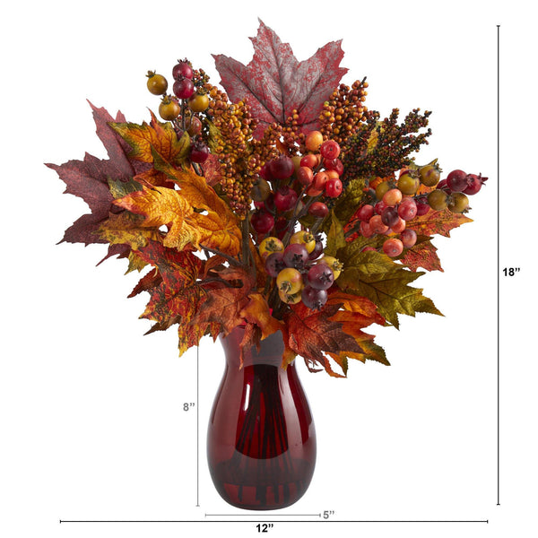 18” Maple Leaf and Berries Artificial Arrangement in Ruby Vase