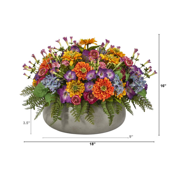 18” Mixed Floral Artificial Plant in Gray Garden Planter
