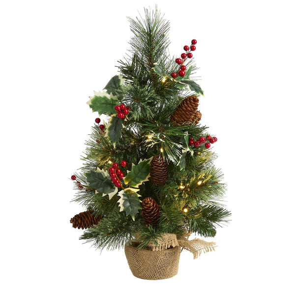 18” Mixed Pine Artificial Christmas Tree with Holly Berries, Pinecones, 35 Clear LED Lights and Burlap Base