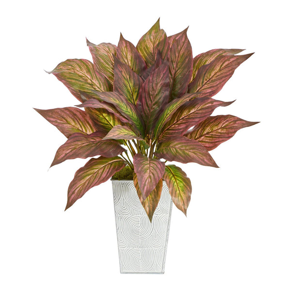 18” Musa Leaf Artificial Plant in Embossed White Planter