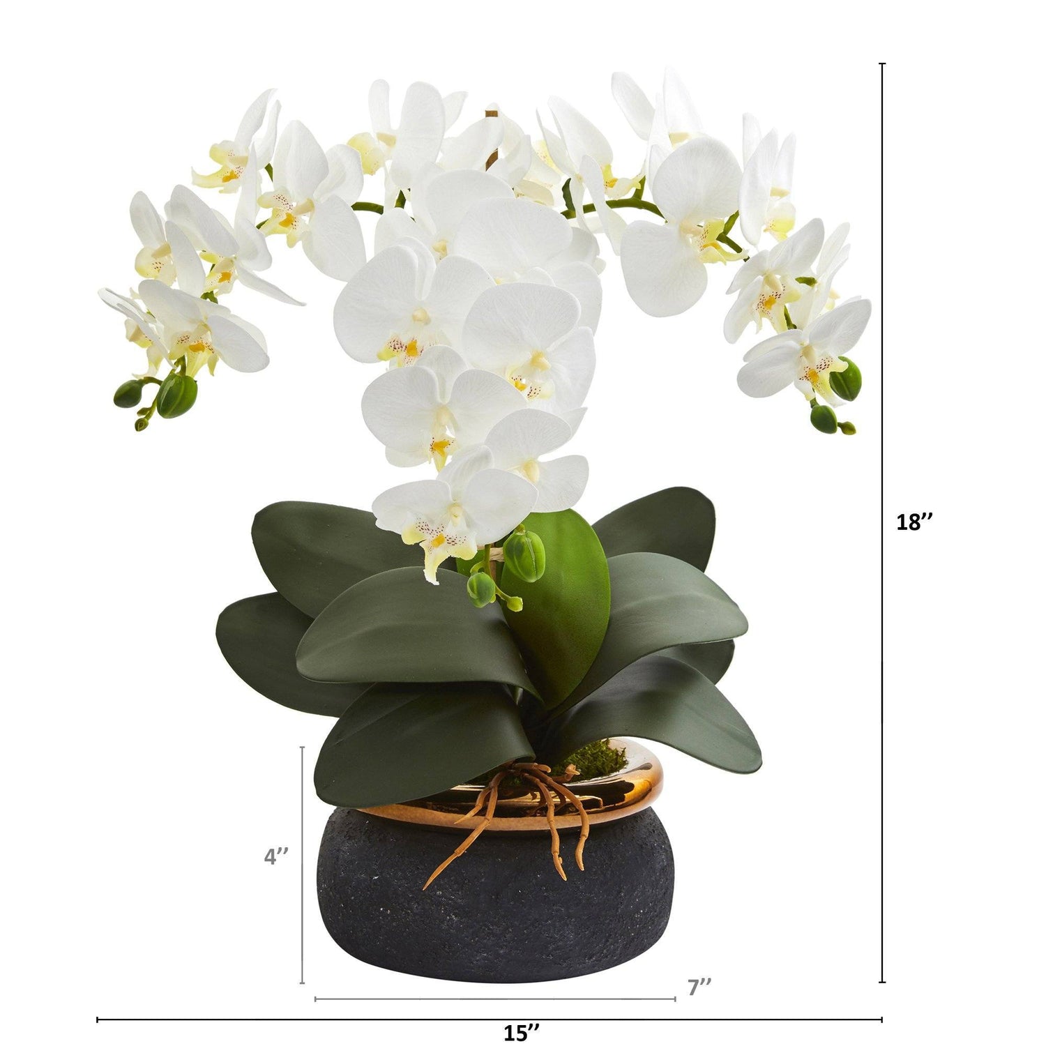 18” Phalaenopsis Orchid Artificial Arrangement in Black Vase with Bronze Rim