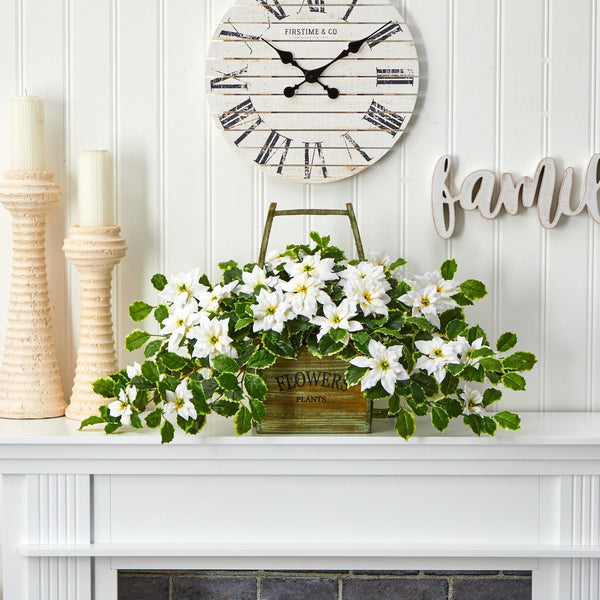 18” Poinsettia and Variegated Holly Artificial Plant in Vintage Decorative Basket (Real Touch)