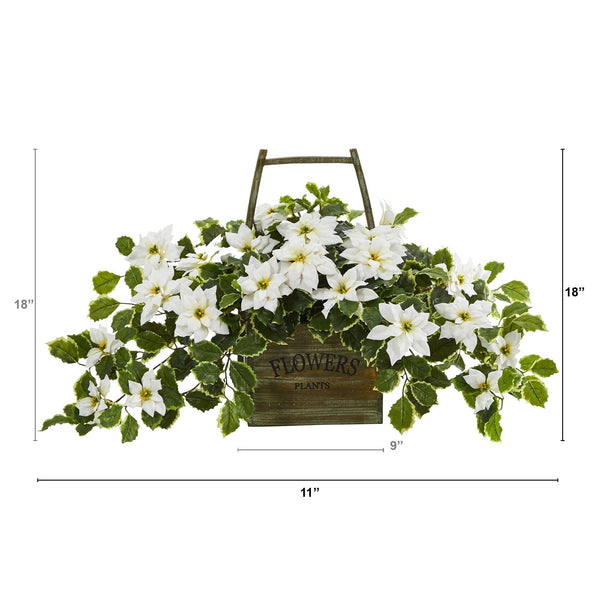 18” Poinsettia and Variegated Holly Artificial Plant in Vintage Decorative Basket (Real Touch)