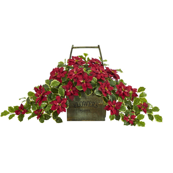 18” Poinsettia and Variegated Holly Artificial Plant in Vintage Decorative Basket (Real Touch)
