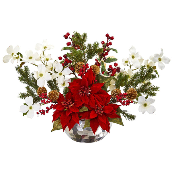 18" Poinsettia, Dogwood, Berry and Pine Artificial Arrangement in Silver Vase"