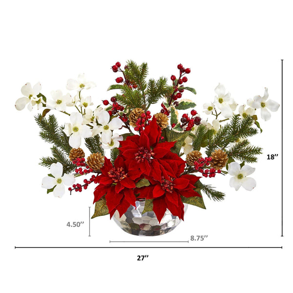 18" Poinsettia, Dogwood, Berry and Pine Artificial Arrangement in Silver Vase"
