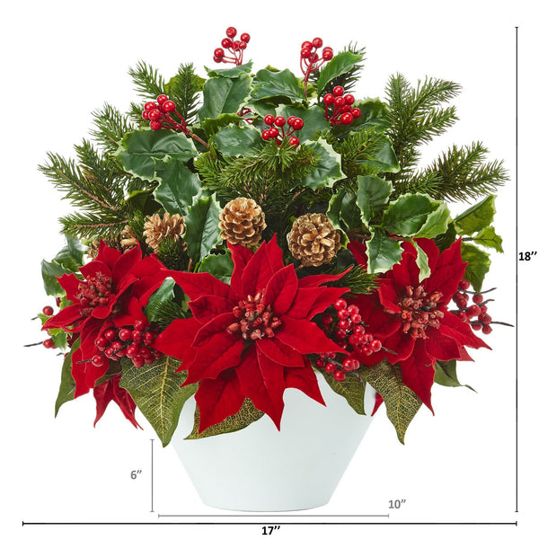 18” Poinsettia, Holly Leaf and Pine Artificial Arrangement in White Vase