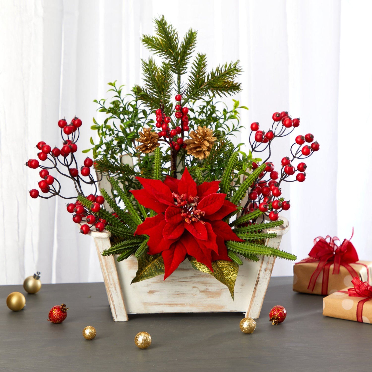 18” Poinsettia, Succulent and Berry Artificial Arrangement in Bench Planter