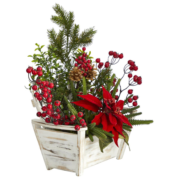 18” Poinsettia, Succulent and Berry Artificial Arrangement in Bench Planter