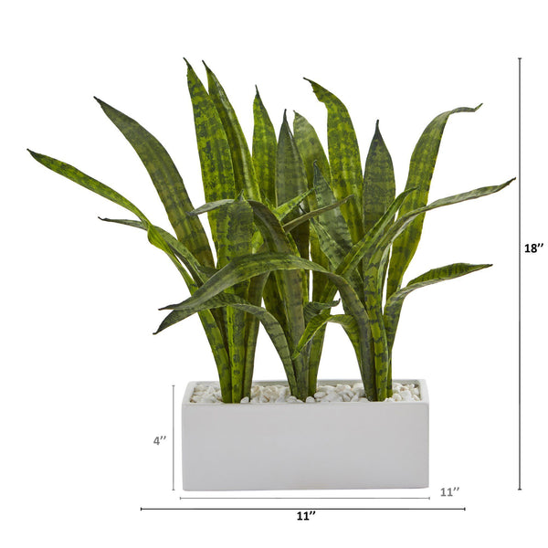 18” Sansevieria Artificial Plant in Glazed White Planter
