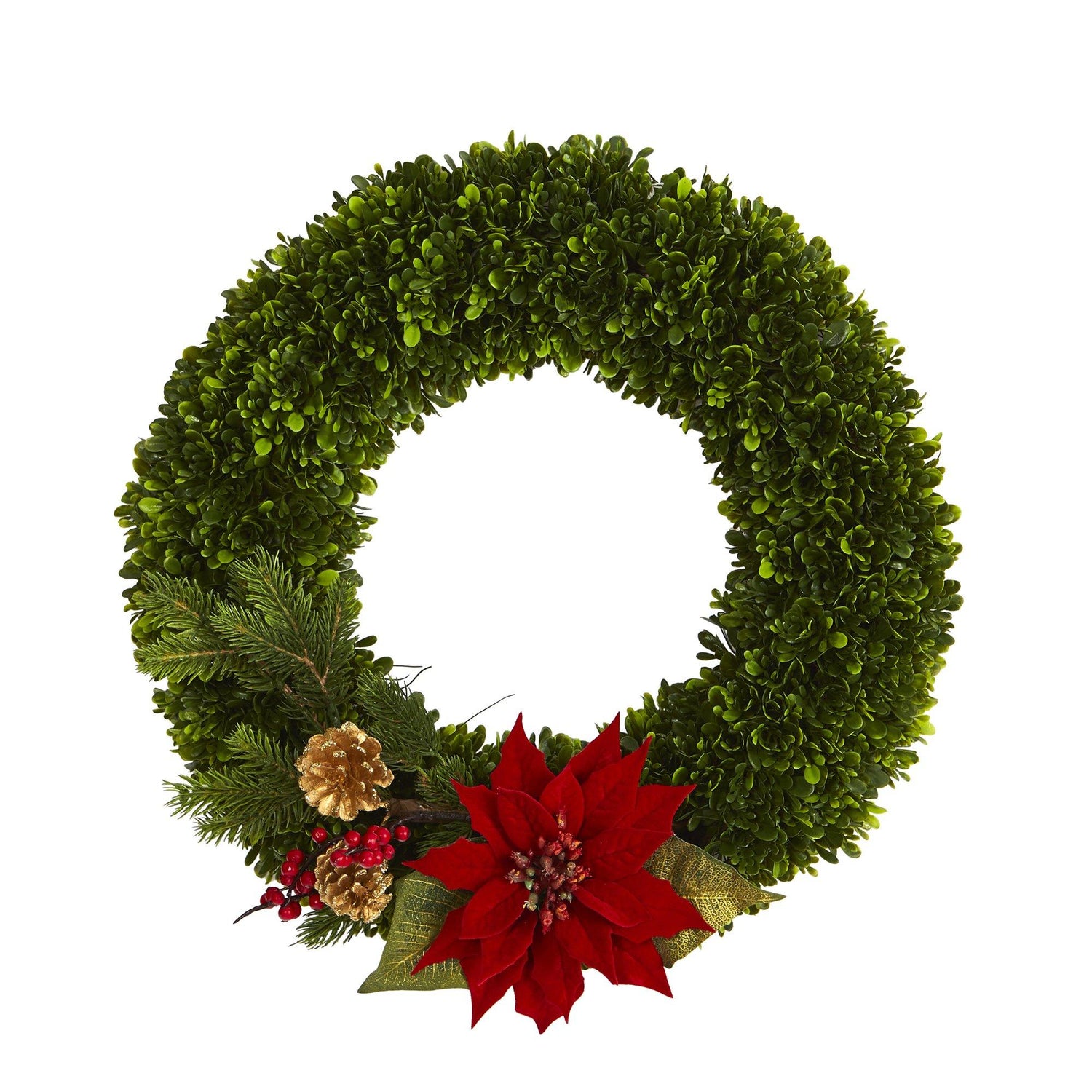 18” Tea Leaf, Poinsettia and Pine Artificial Wreath