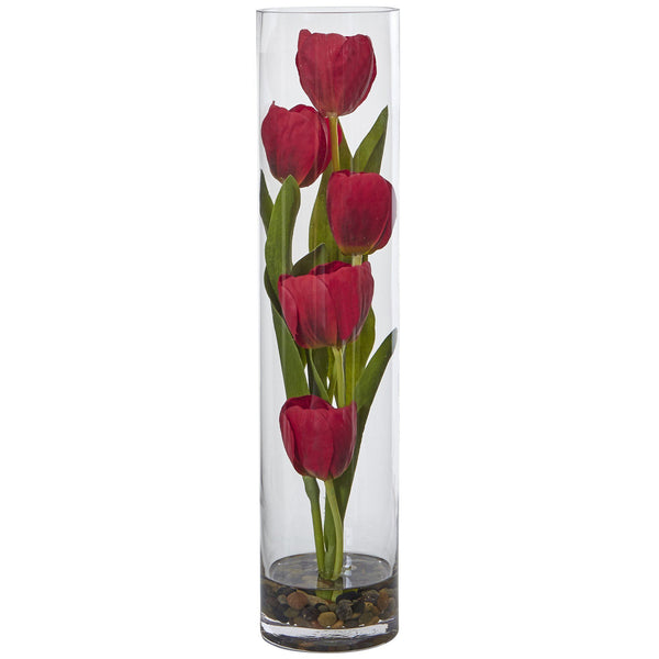 18" Tulips in Cylinder Glass"