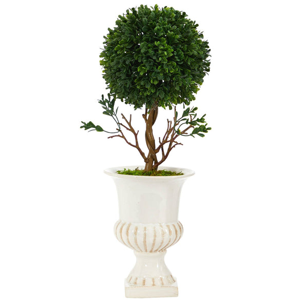 19” Boxwood Topiary Artificial Tree in White Urn UV Resistant (Indoor/Outdoor)