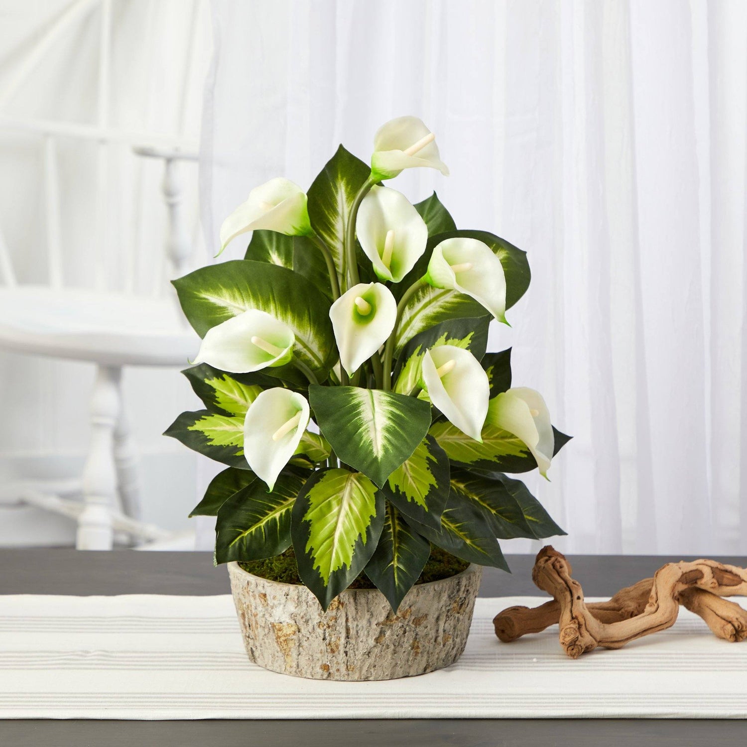 19” Calla Lily and Golden Dieffenbachia Artificial Plant in Weathered Oak Planter