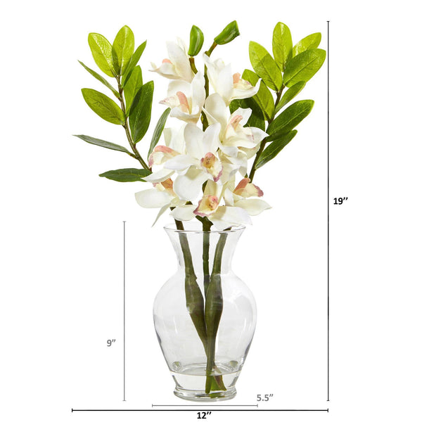 19” Cymbidium Orchid and Faux Zamioculcas Artificial Arrangement