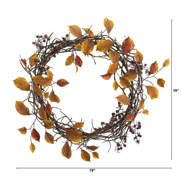 19” Harvest Leaf, Berries  and Twig Artificial Wreath