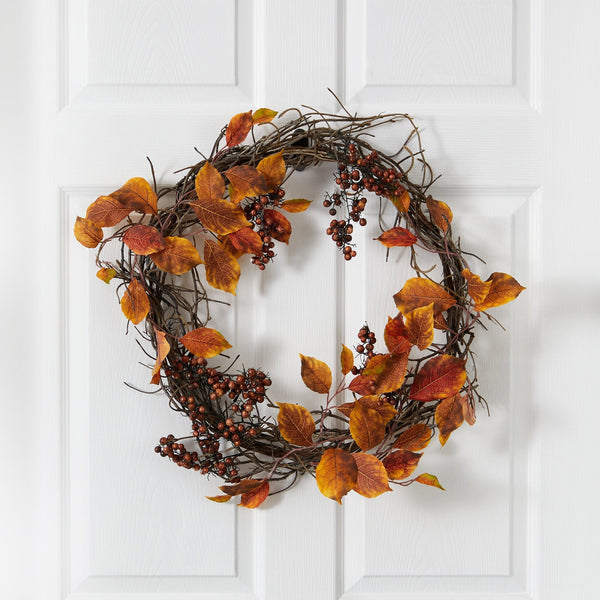 19” Harvest Leaf, Berries  and Twig Artificial Wreath