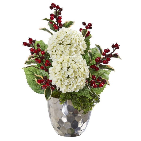 19” Hydrangea and Holly Berry Artificial Arrangement in Silver Bowl