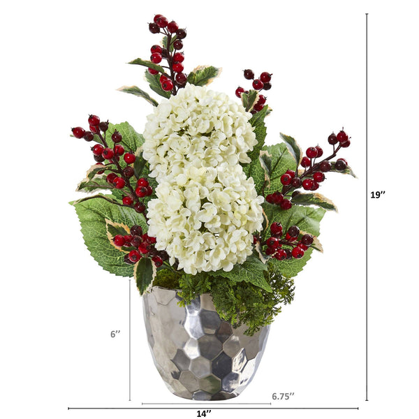 19” Hydrangea and Holly Berry Artificial Arrangement in Silver Bowl